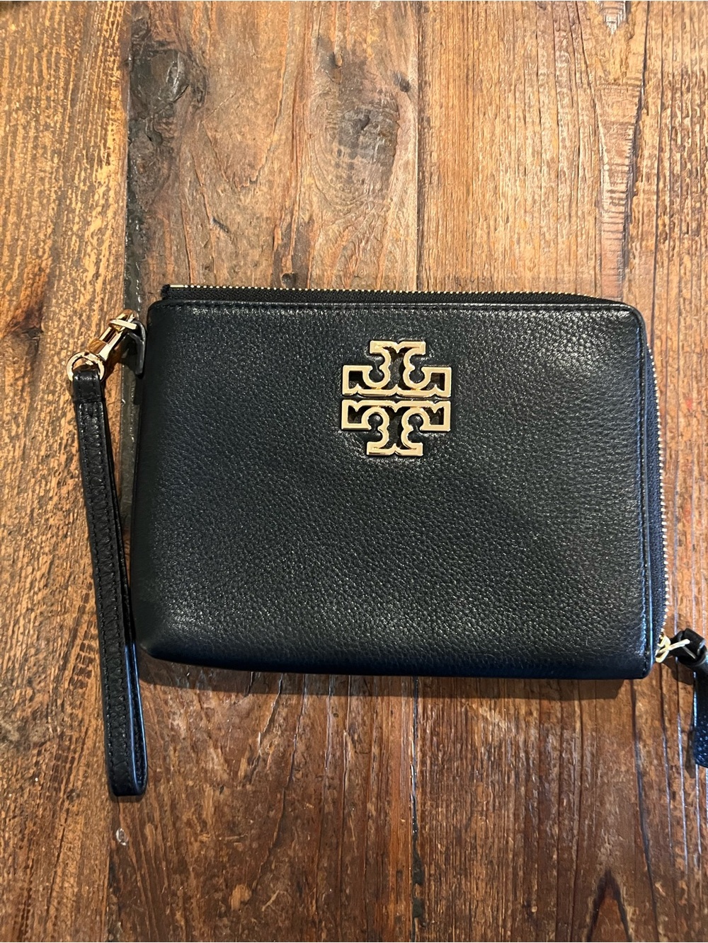 Tory Burch Black Leather Wristlet with Gold Logo Accent - Picture 1 of 4
